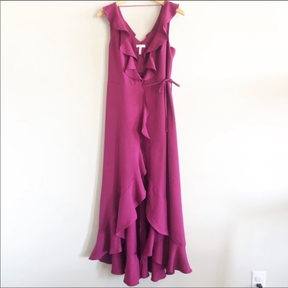 Leith | Magenta Ruffle Maxi Tie Wrap Dress Small